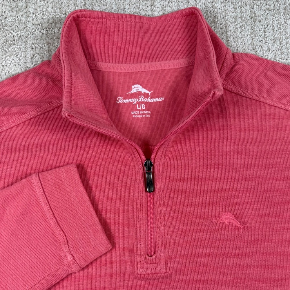 Tommy Bahama Mens Large Pink 1/4 Zip Cotton Tencel Pullover Sweater